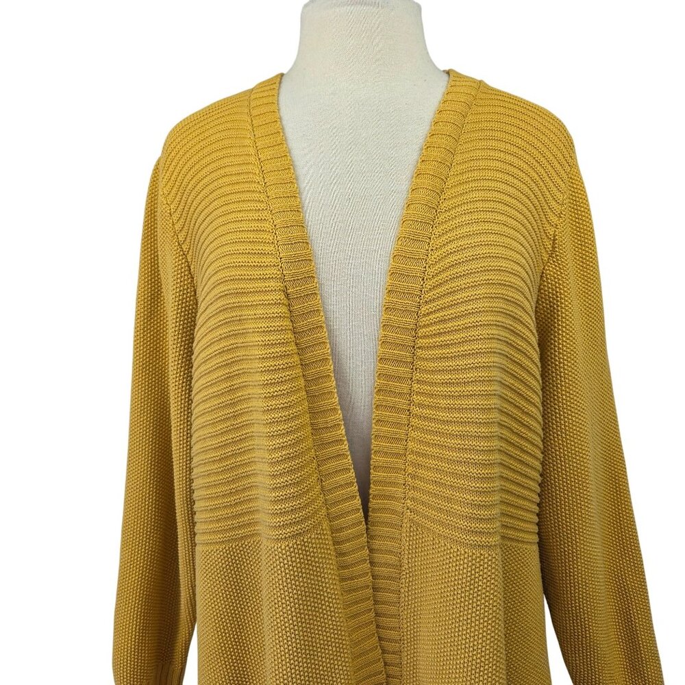 Marled Waffle Knit Open Front Cardigan Mustard Yellow Size 1X - Picture 8 of 12